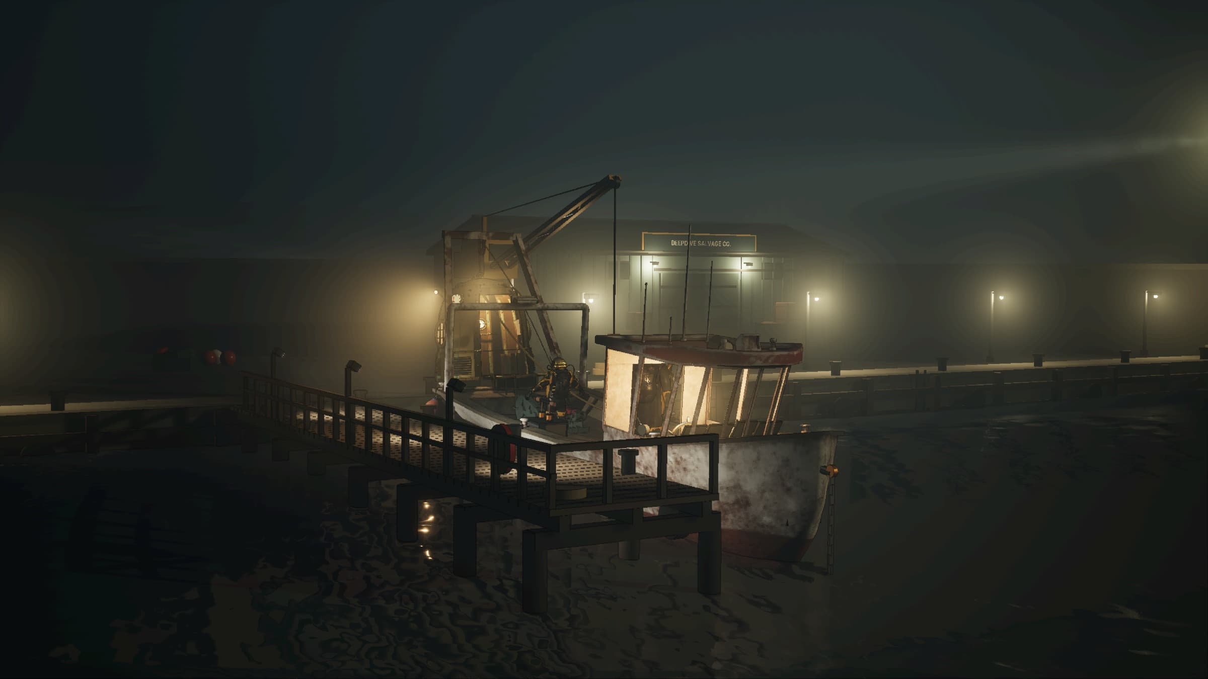 The salvage boat moored at night beside a lit dock, cabin glowing, lamps haloed in the mist.