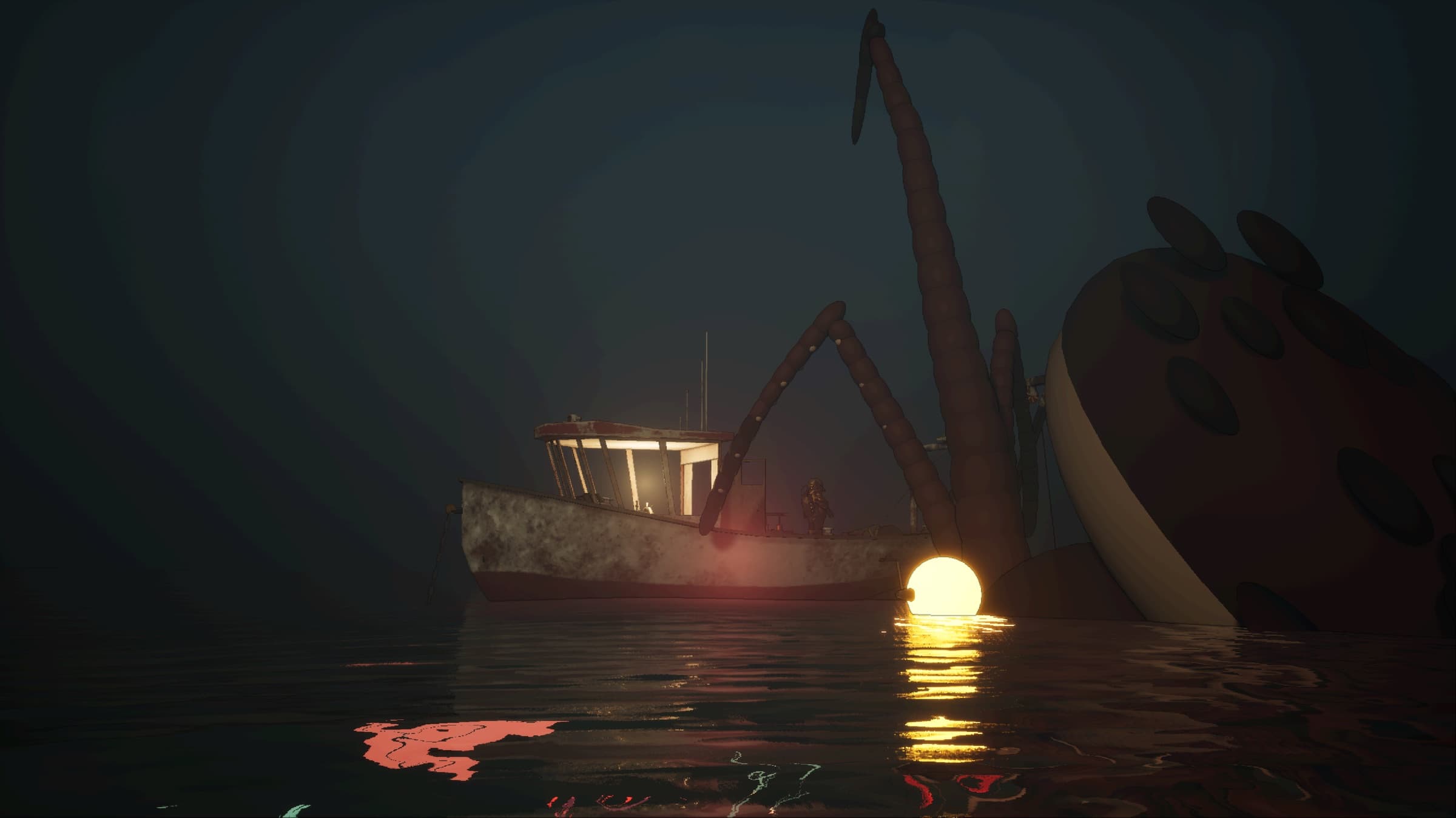 A kraken rising beside a moored boat at night.